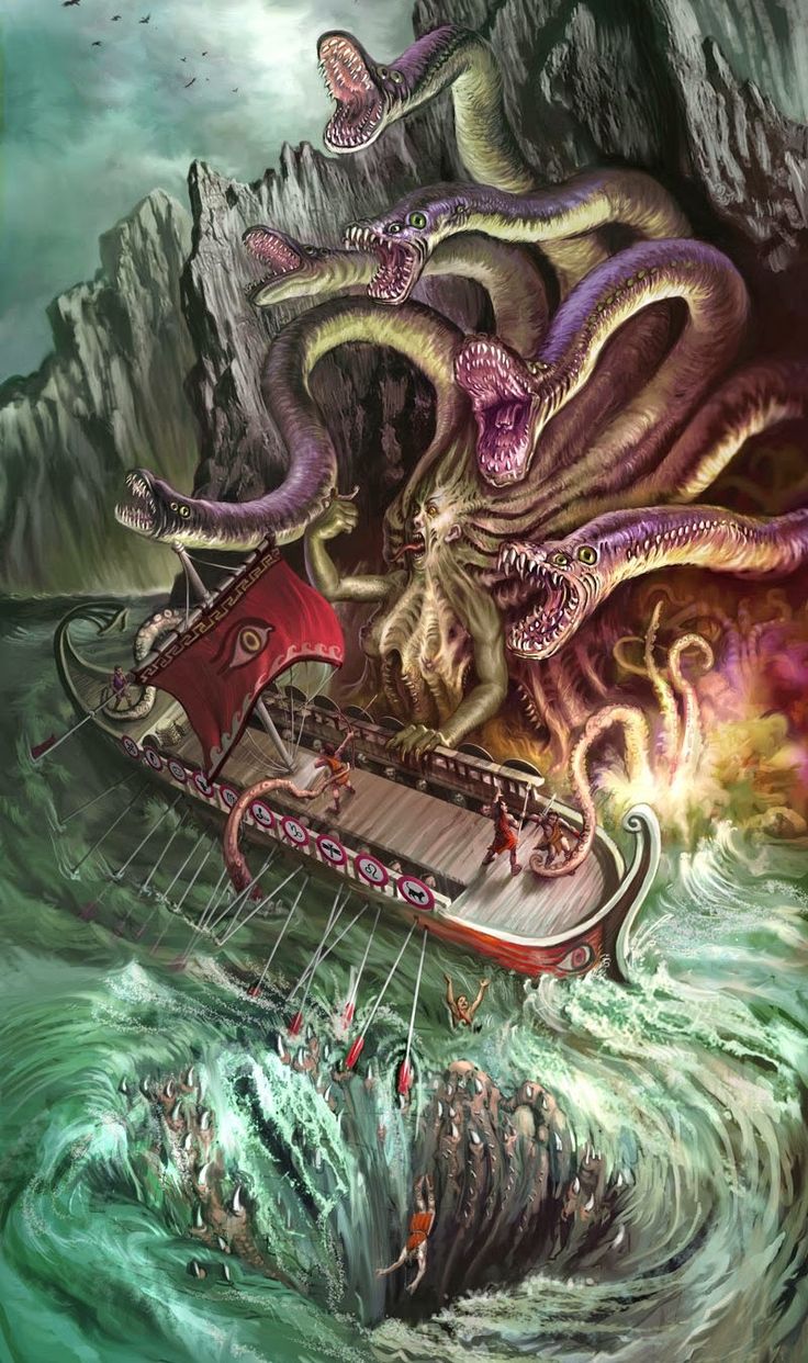 an octopus attacking a boat in the ocean with other animals on it's back