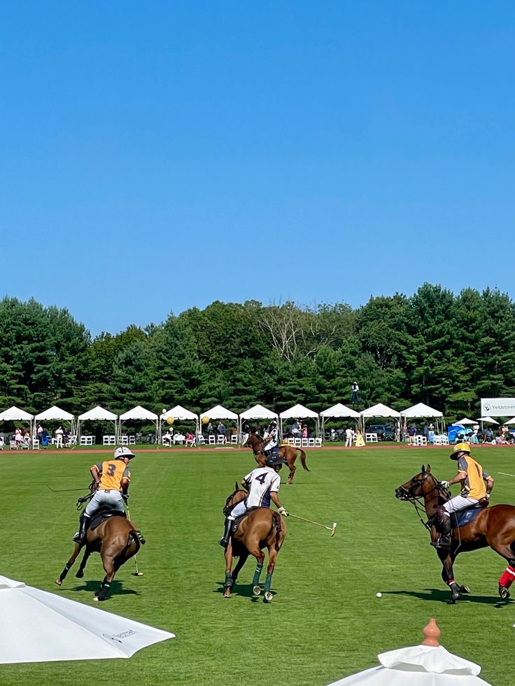 several polo players on horses in the middle of a green field with umbrellas and trees behind them