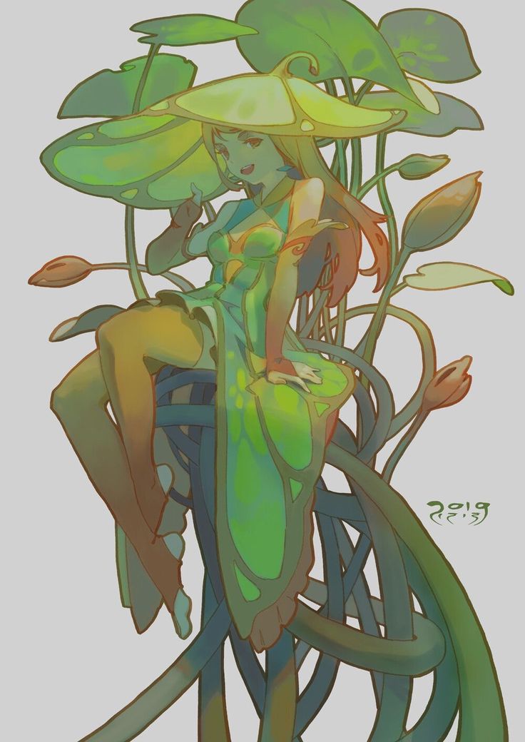 a drawing of a woman sitting on top of a plant with lots of green leaves