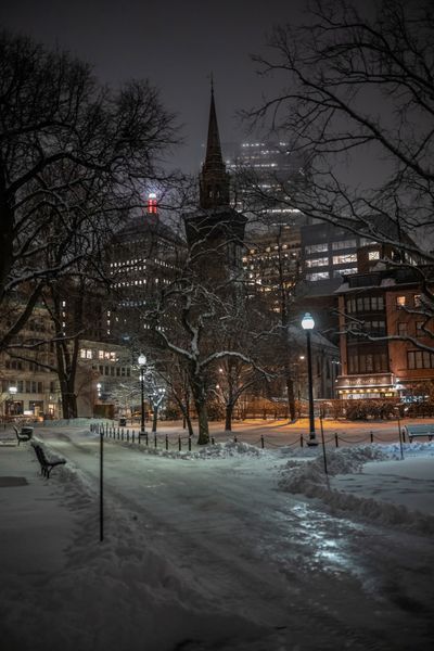 the city lights shine brightly in the distance as snow covers the ground and trees on both sides