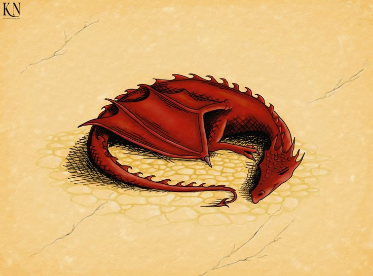 a drawing of a red dragon with its mouth open sitting on the ground in front of a beige background