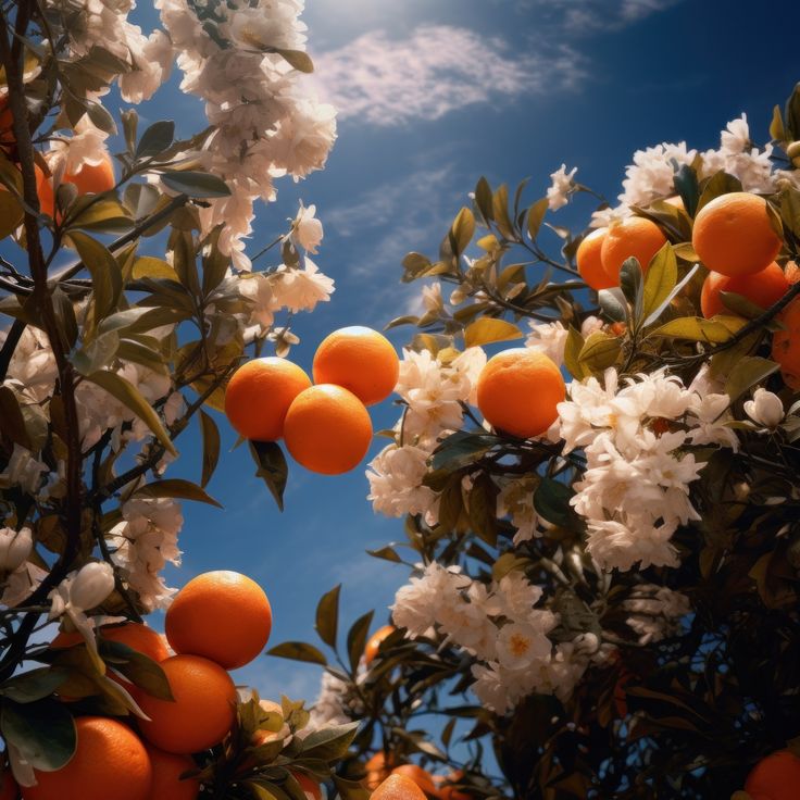 an orange tree with white flowers and blue sky