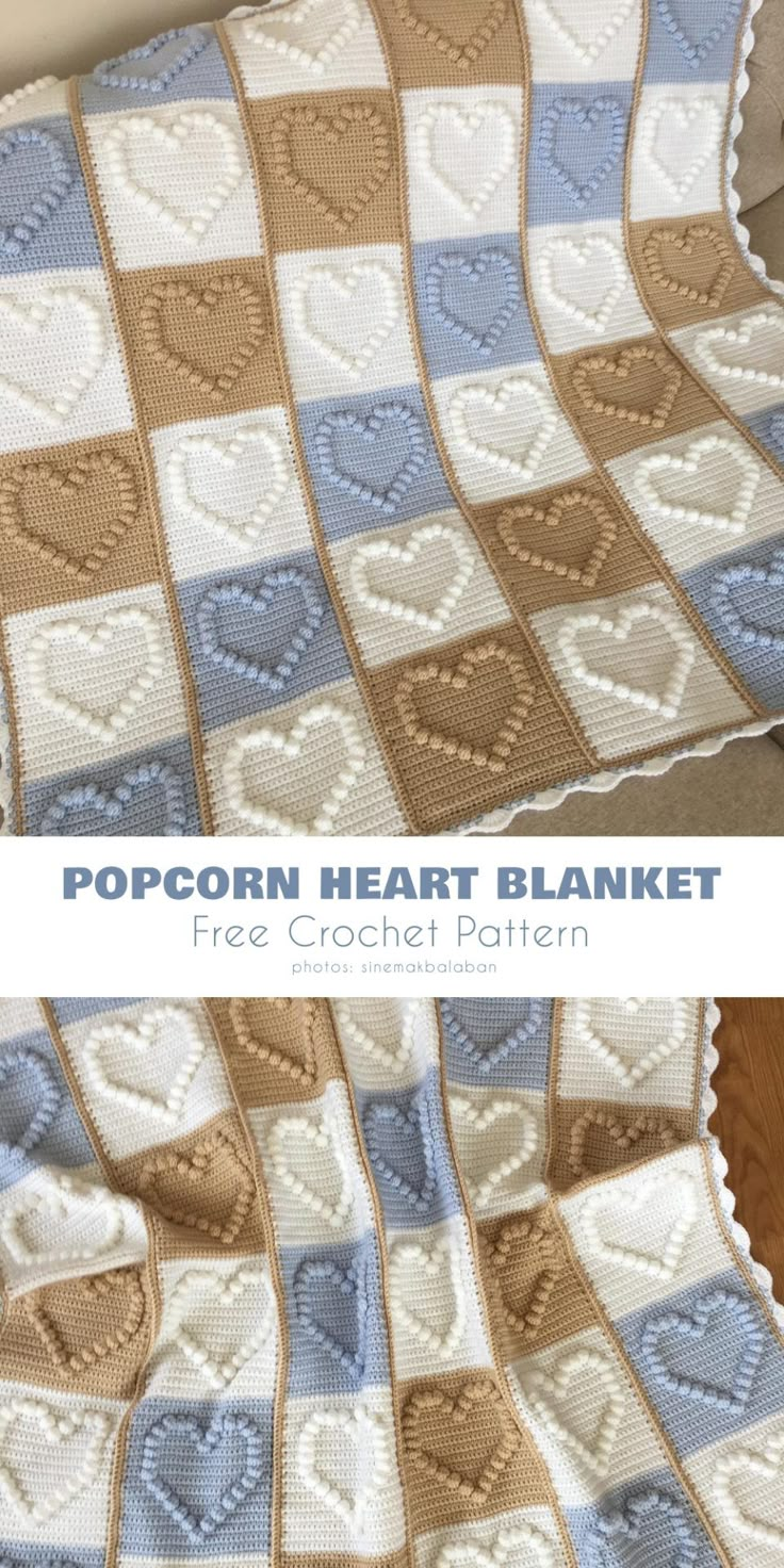 a crocheted blanket with hearts on it and the words popcorn heart blanket written in white