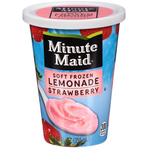 a cup of ice cream with strawberries on top and the words minute maid soft frozen lemonade strawberry