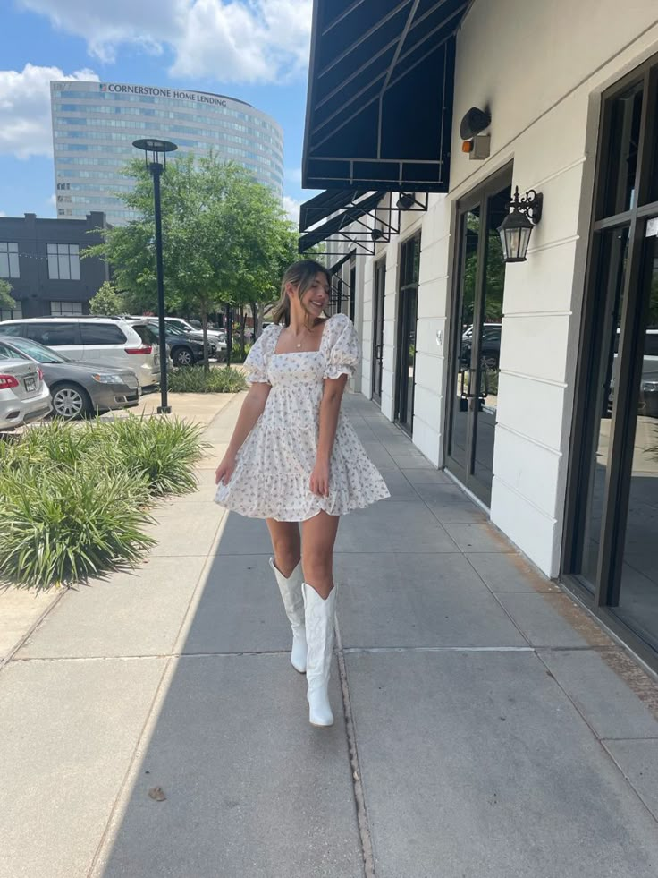 Country Graduation Dress Cowgirl Boots, White Dress And White Boots, Boots With Hoco Dress, Outfit Ideas With White Cowgirl Boots, White Knee High Cowgirl Boots Outfit, White Boot Dress Outfit, White Boots With Dress Outfit, Birthday Outfit With Cowgirl Boots, Country White Dress With Boots