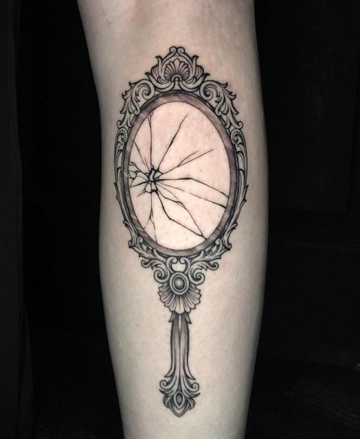 Framing Tattoo Ideas, Spooky Mirror Tattoo, Mirror Image Tattoo, Mirrored Collar Bone Tattoo, Man In Mirror Tattoo, Mirror Mirror On The Wall Tattoo, Magic Mirror Tattoo, Mirror Mask Tattoo, Hand Holding Mirror Tattoo