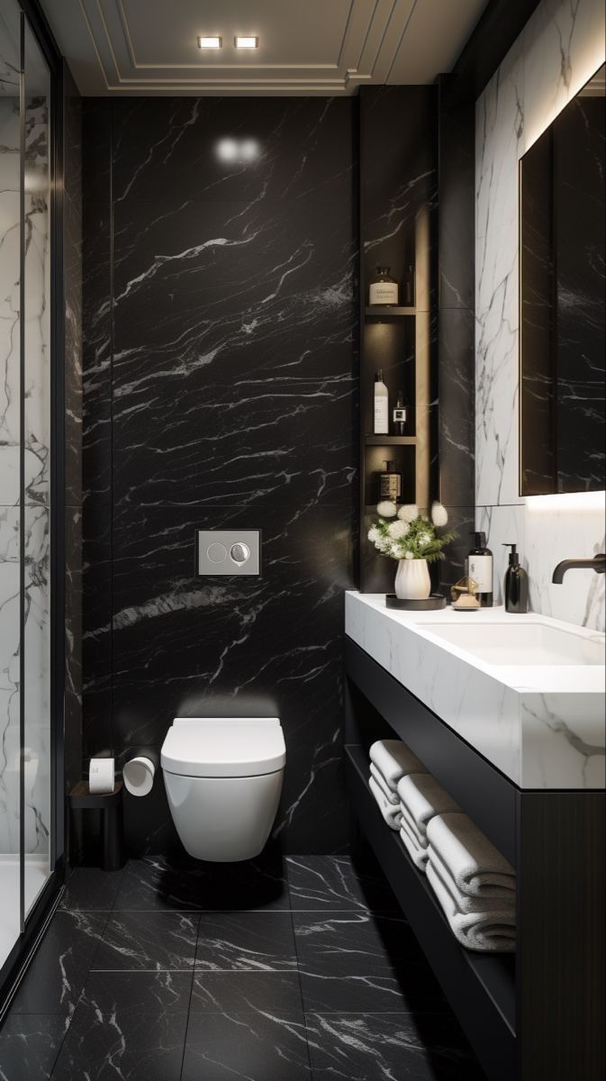 a bathroom with black marble walls and flooring, along with a white toilet sitting next to a walk in shower