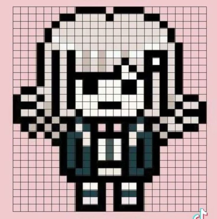 an image of a pixel art style character in black and white on a pink background