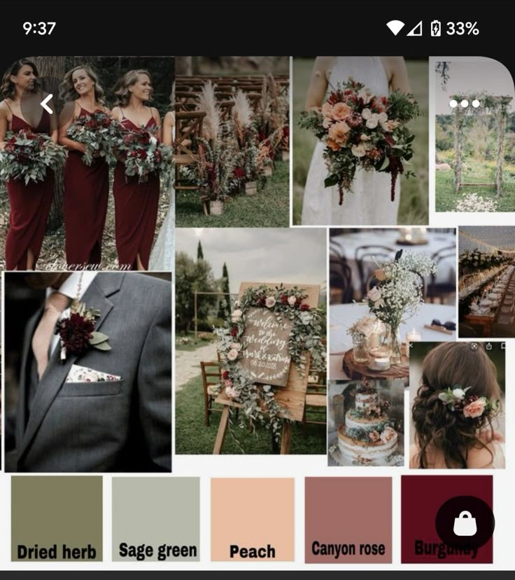 the color palette is red, green, peach, burgundy and gold for this wedding