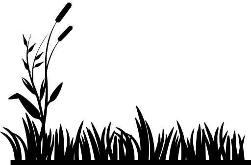 a black and white silhouette of grass with birds flying in the background