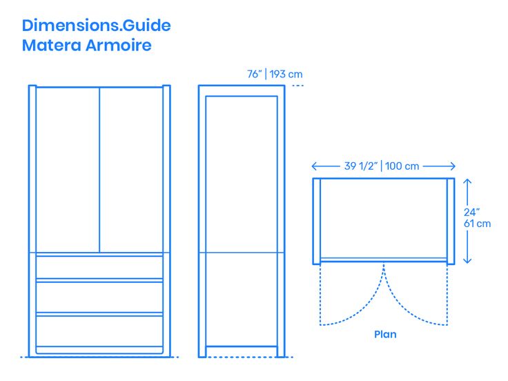 the measurements for an armoire cabinet with doors and drawers, shown in blue on a white background