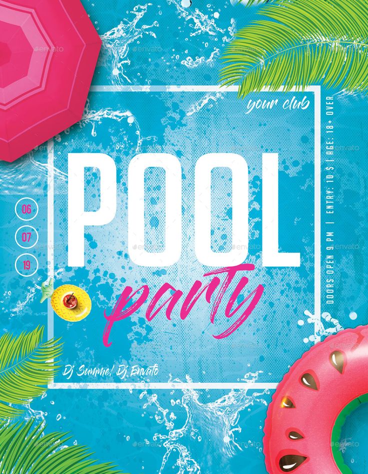 the pool party flyer is displayed on a blue background with palm leaves and watermelon