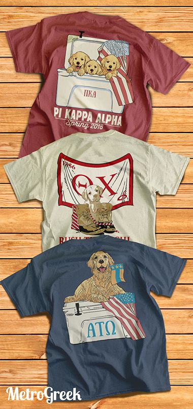 three shirts with dogs on them sitting on top of a wooden floor next to each other