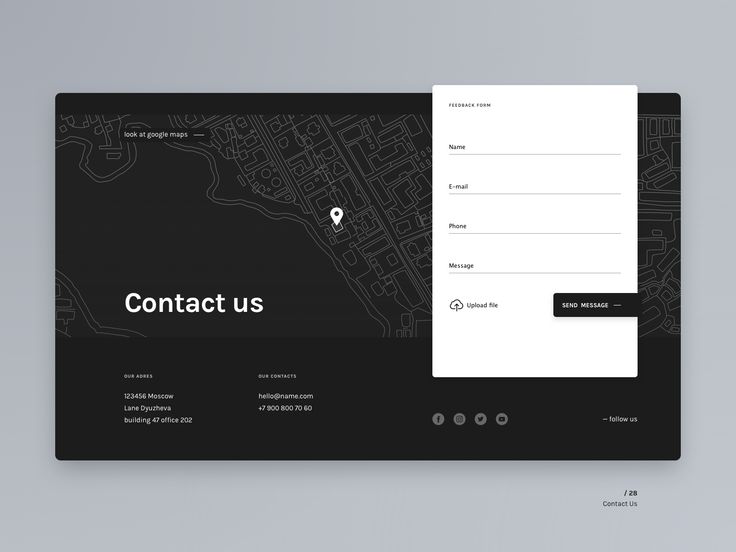 a black and white web page with a map on the back side, contact us