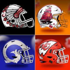 four football helmets with different colors and logos on them, all in the same color scheme