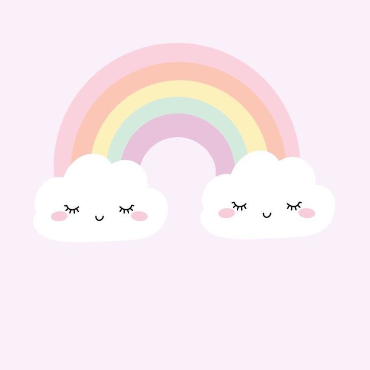 two clouds with eyes closed and a rainbow in the sky above them on a pink background