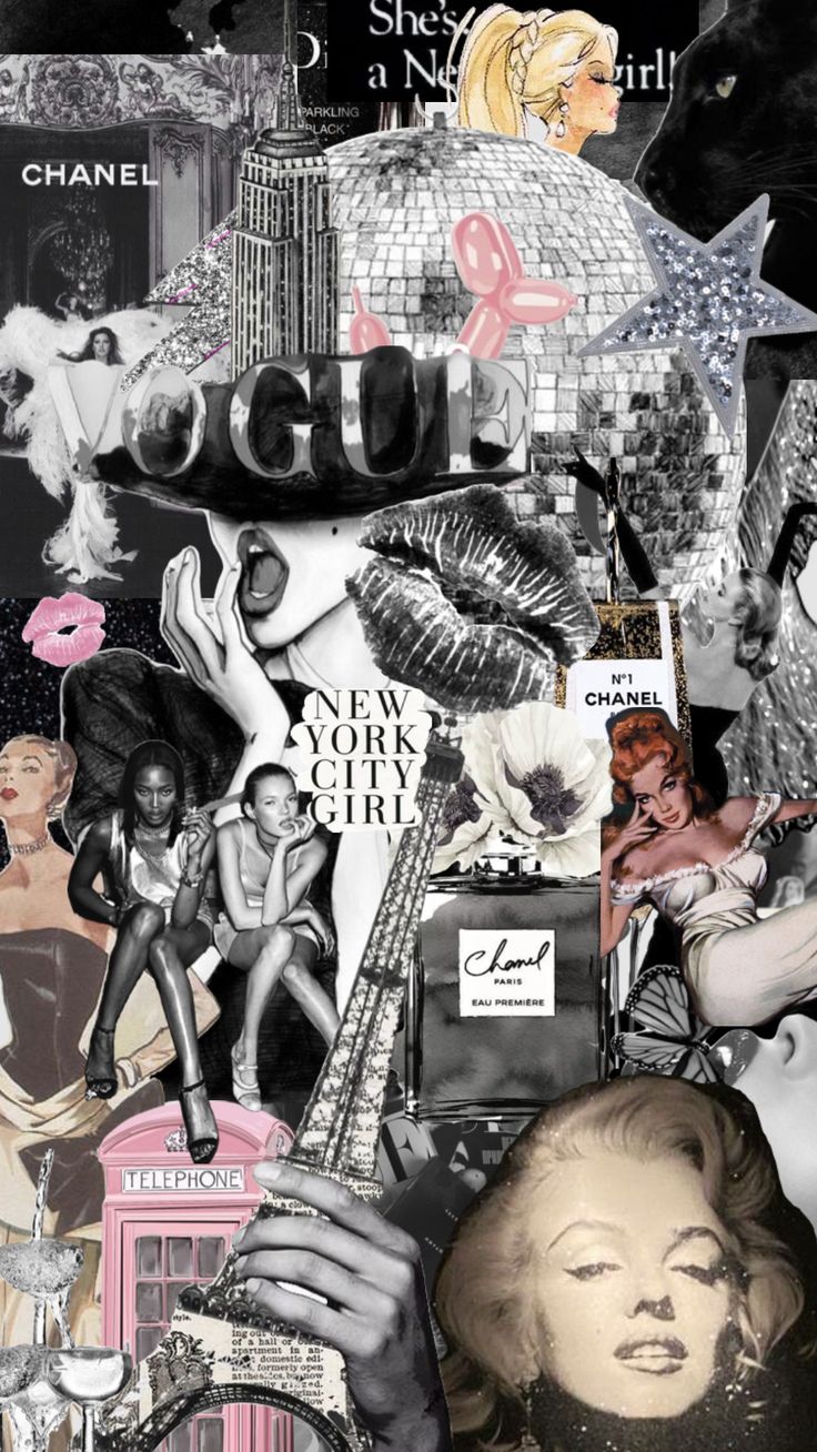 a collage of images with women and men in black, white, and pink