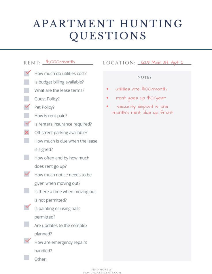 the apartment hunting questions page with text