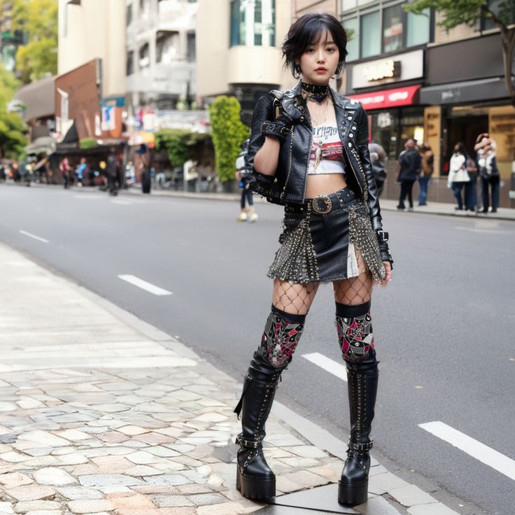 #punk #punks #punkfashion #punkstyle #punkgirls #streetstyle #streetsnap #aiartか City Nightlife Outfit, Punk Rock Aesthetic Girl, Punk Glam Outfit, Leather Punk Outfit, Street Punk Aesthetic, Cuber Punk Outfits, Punk Preppy Style, Battle Of The Bands Outfit, Girl Punk Outfits