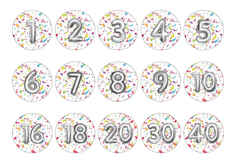 a set of numbers with confetti and sprinkles on white background