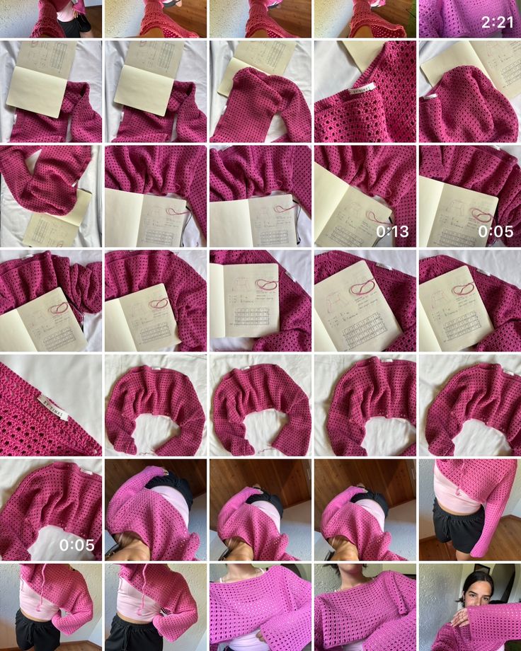 the instructions for making a crocheted hat and scarf are shown in multiple pictures