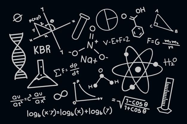 an image of science doodles on a blackboard