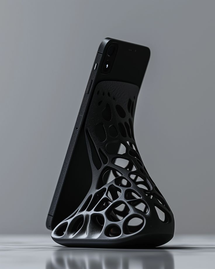 a cell phone holder with an intricate design on it's side, sitting on top of a table