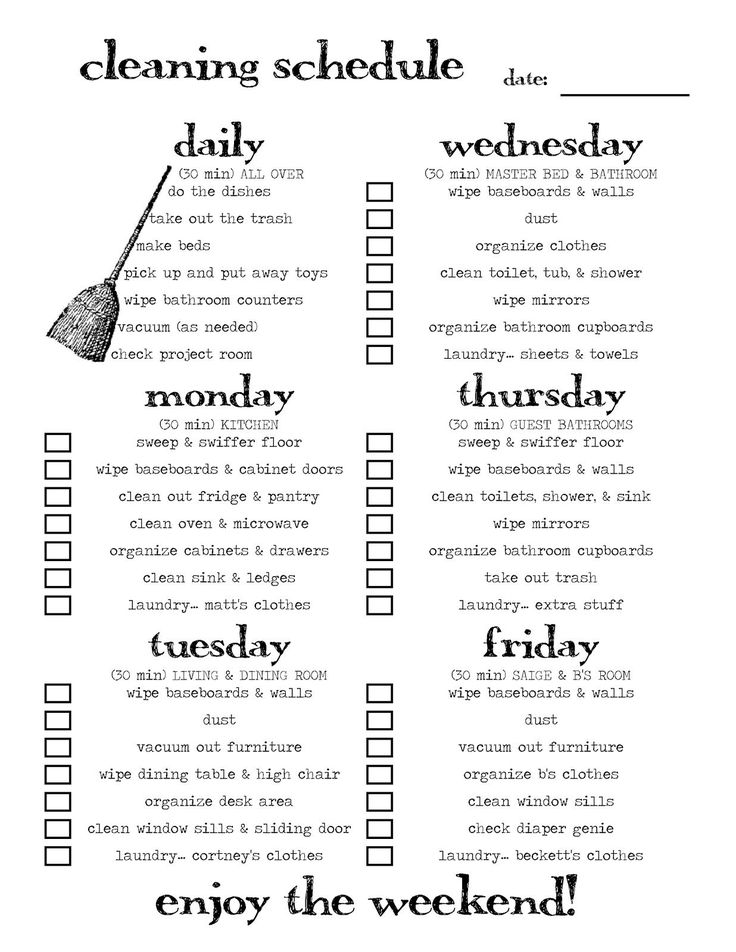 the cleaning schedule is shown in black and white, with an image of a broom on it