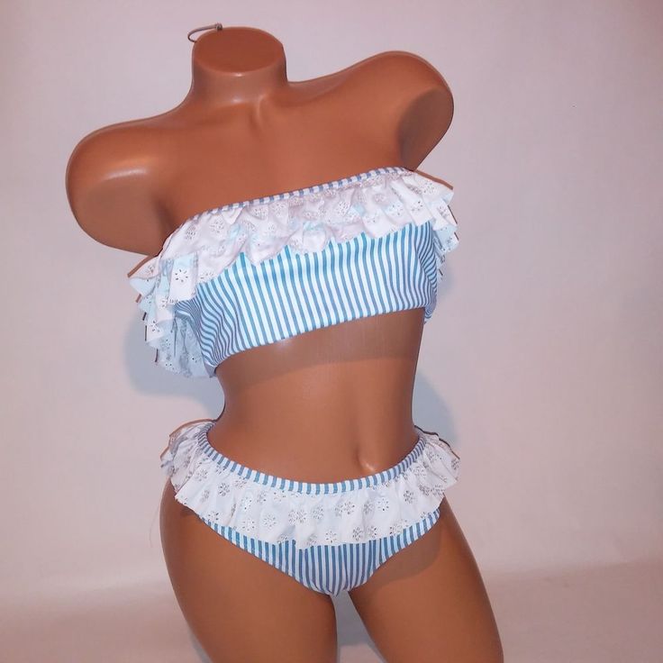 Caroline Constas Swim Bikini Medium Top & Bottom Blue White Stripe Ruffle Eyelet Bandeau Flounce High Leg Wireless Preowned, Like New *Bundle To Save Chavonne11 091124 Blue And White Striped Swimsuit, Coquette Swimsuit, Caroline Constas, Striped Swimsuit, Oc Ideas, High Leg, Swim Suit, Mom And Baby, Pretty Dresses