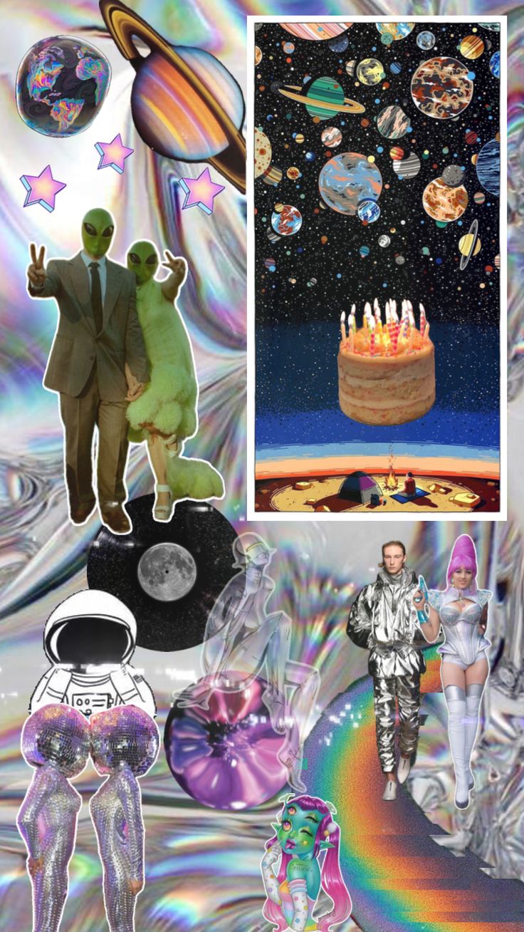 the collage has images of people in outer space and an image of cake with candles on it