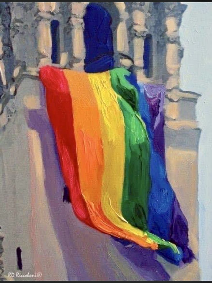 an oil painting of a rainbow flag on the side of a building with people walking by