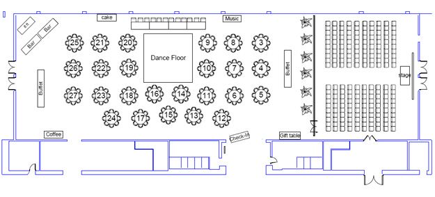 the floor plan for an event with tables, chairs and seating areas on each side