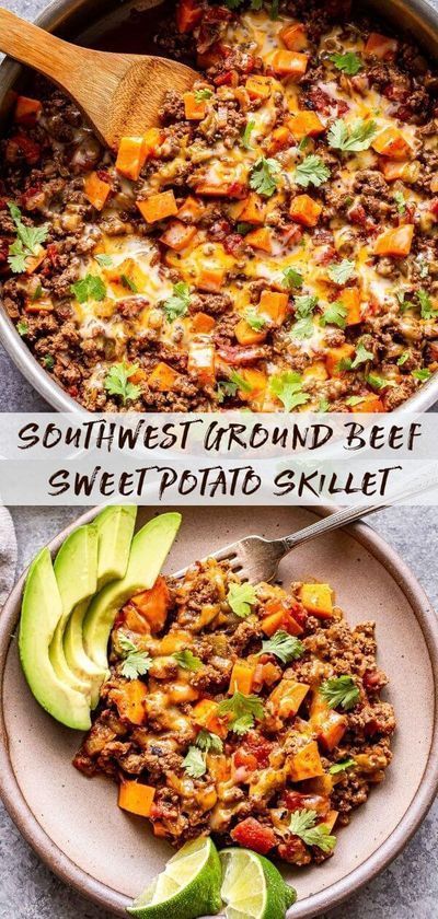 southwest ground beef and sweet potato skillet with avocado slices on the side