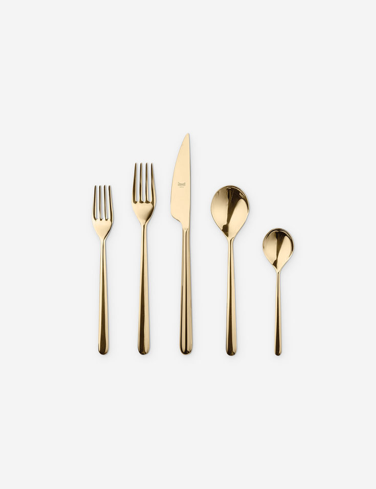 Five piece flatware set in polished gold Unique Flatware, Outdoor Dining Chair, Dining Chair Design, Lulu And Georgia, Patio Lounge, Upholstery Cleaner, Grey Stain, White Stain, Framed Fabric