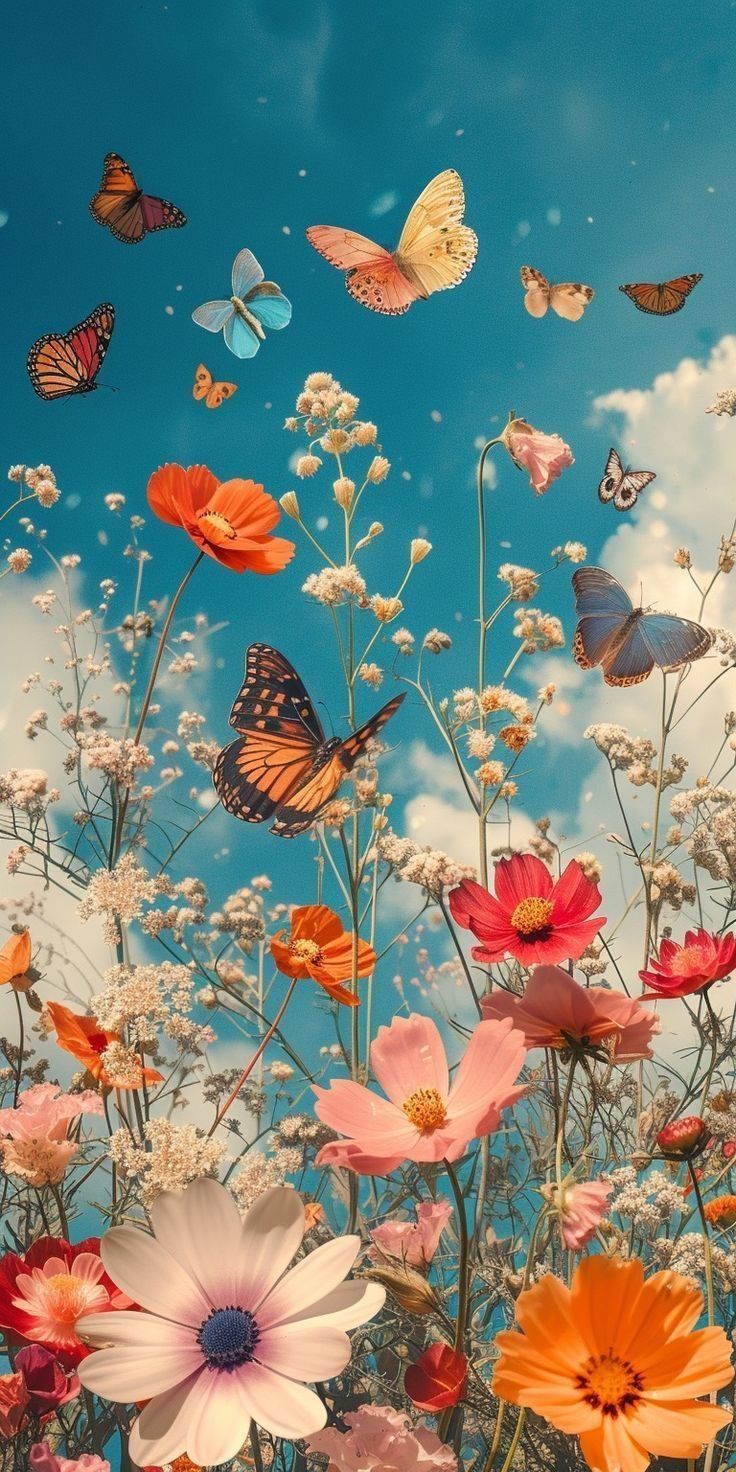 many different colored flowers and butterflies flying in the blue sky above them, all together