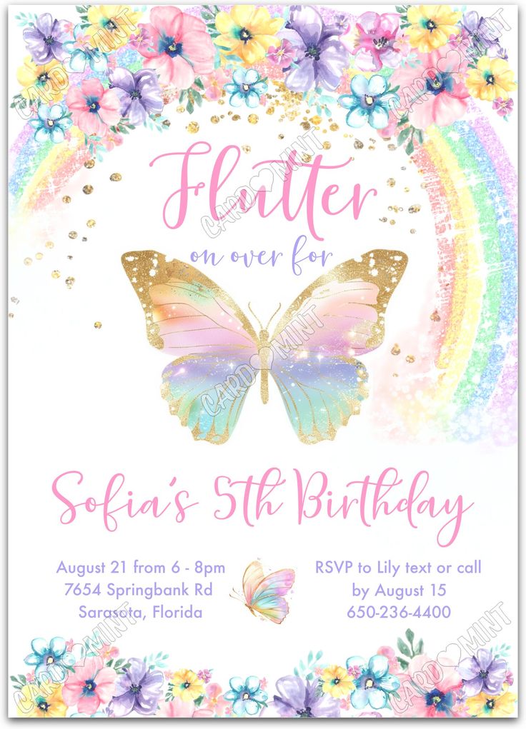 a butterfly birthday party card with flowers and butterflies on the front, in pastel colors