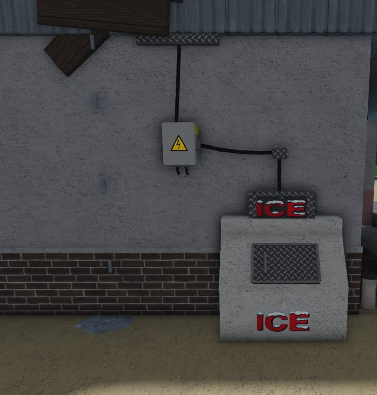 an ice dispenser sitting next to a brick wall