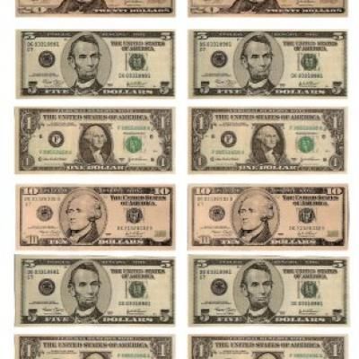 twenty dollar bills are arranged in rows on a white background