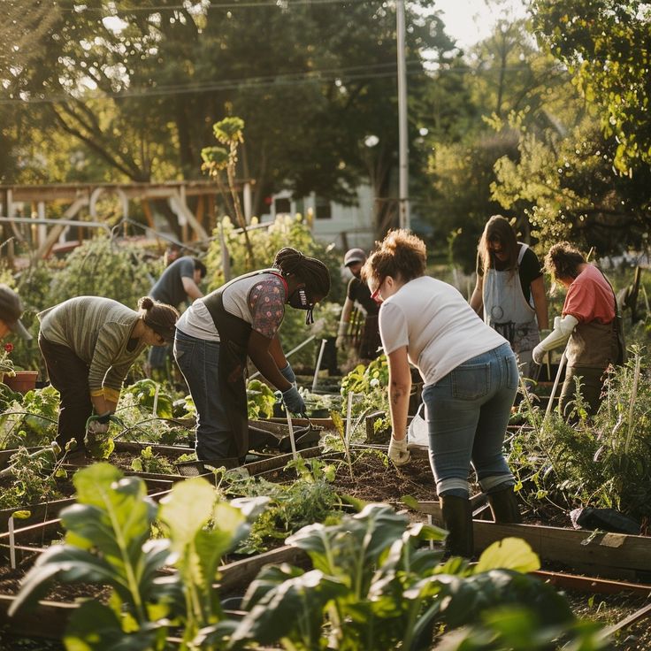 several people are tending to plants in the garden