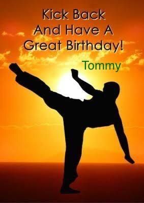 a person doing karate in front of a sunset with the words kick back and have a great birthday