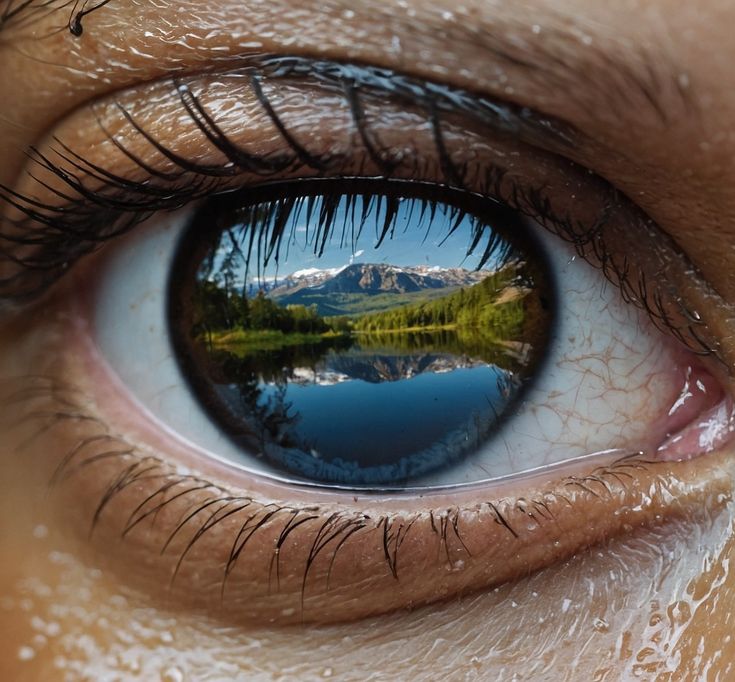 a person's eye with the reflection of a mountain and lake in its iris