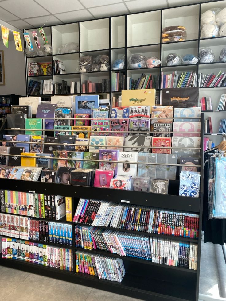 there are many cds on the shelves in this store and it looks like they're going to sell them