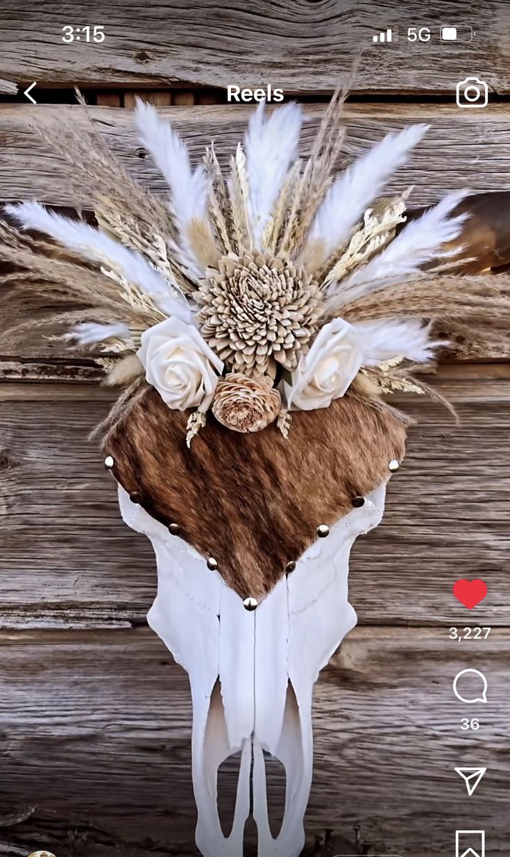 an animal skull with feathers and flowers on it's head is displayed in front of a wooden wall