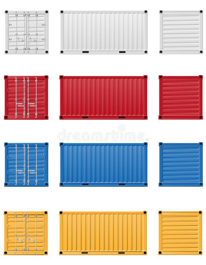 different colored shipping containers on white background