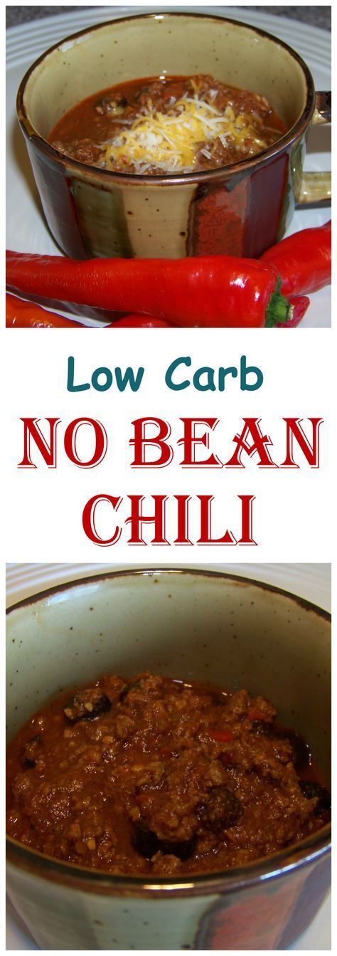 low carb chili in a bowl with the words no bean chilli above it