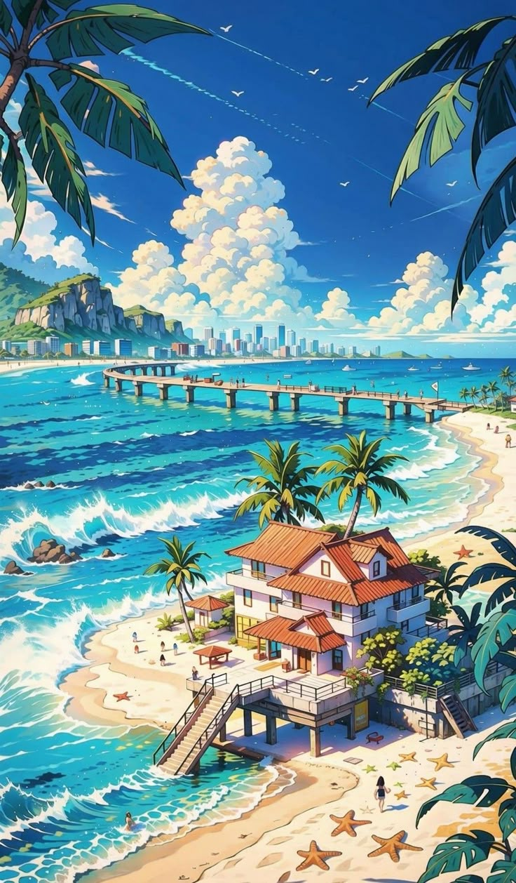 a painting of a tropical beach with palm trees