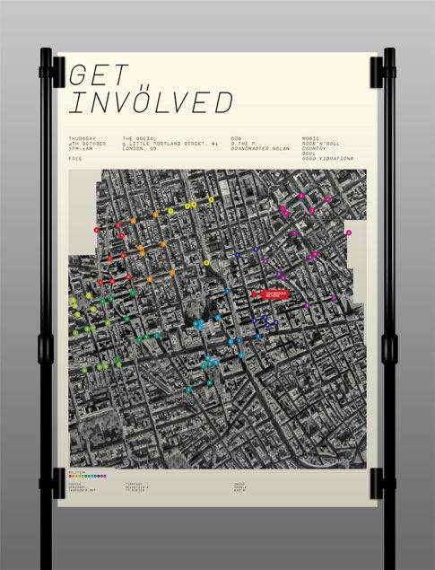 a poster with the words get involved on it and an image of a city map