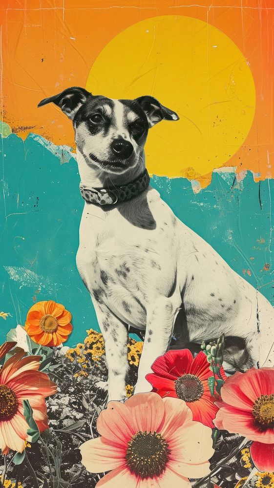 a painting of a dog with flowers in front of an orange and blue sky background