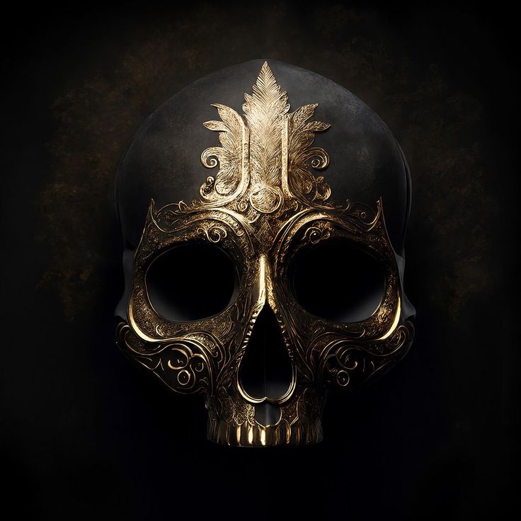 a gold colored skull with intricate designs on it's face is shown against a black background