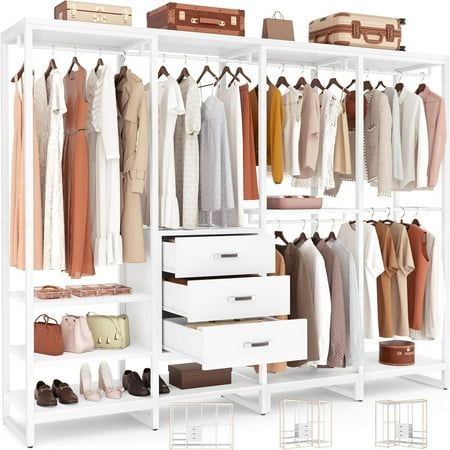 If you are looking for a long-term closet system, this all-in-one multifunctional clothes rack is your best choice. help to build your dream walk-in Closet Organizer. Our garment rack comes with coat rack, 3 wood drawers, 11 shelves, shoe rack, shoe bench, and side/top display shelf, create the versatile storage options your home needs while addincg the simplistic design of this wardrobe closet. Six large drawers are perfect for your folded garments, socks, underwear, or other private items stor L Shaped Closet, Wood Clothes Rack, Closet For Bedroom, Farm Bathroom, Organizing Walk In Closet, Rack Wardrobe, Traditional Glam, House Closet, Closet Redo